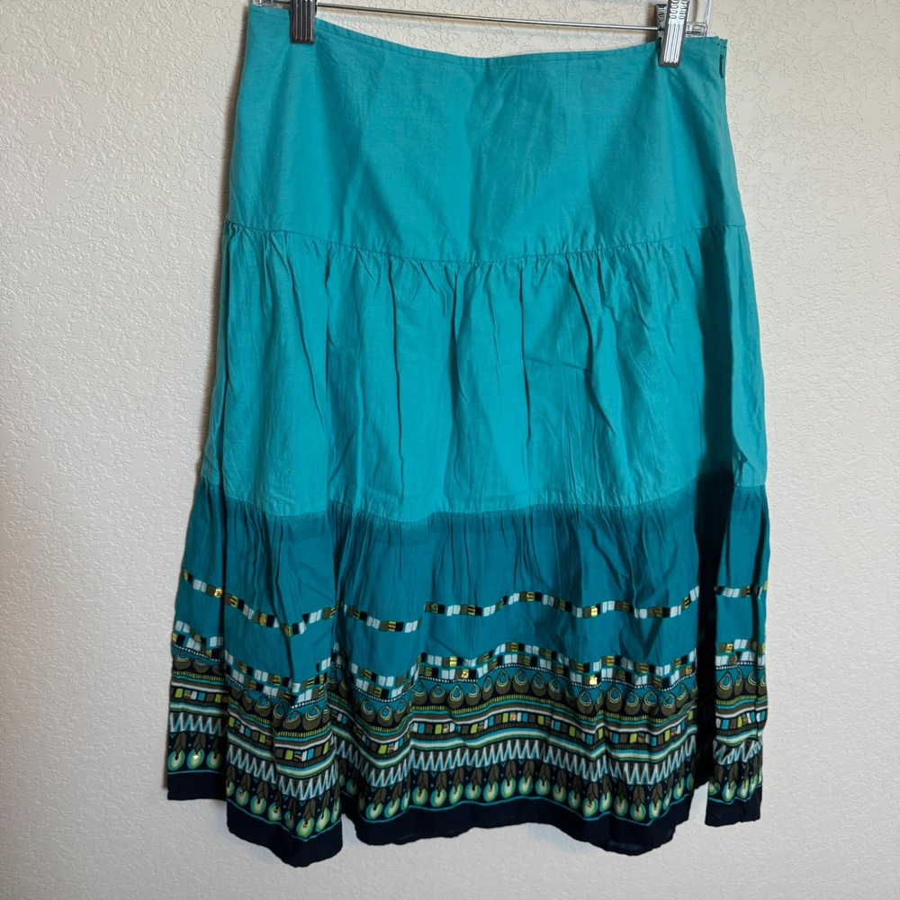 Vintage Boho Beaded Tiered Midi Skirt Sag Harbor Size 12 Turquoise Teal - Picture 2 of 5